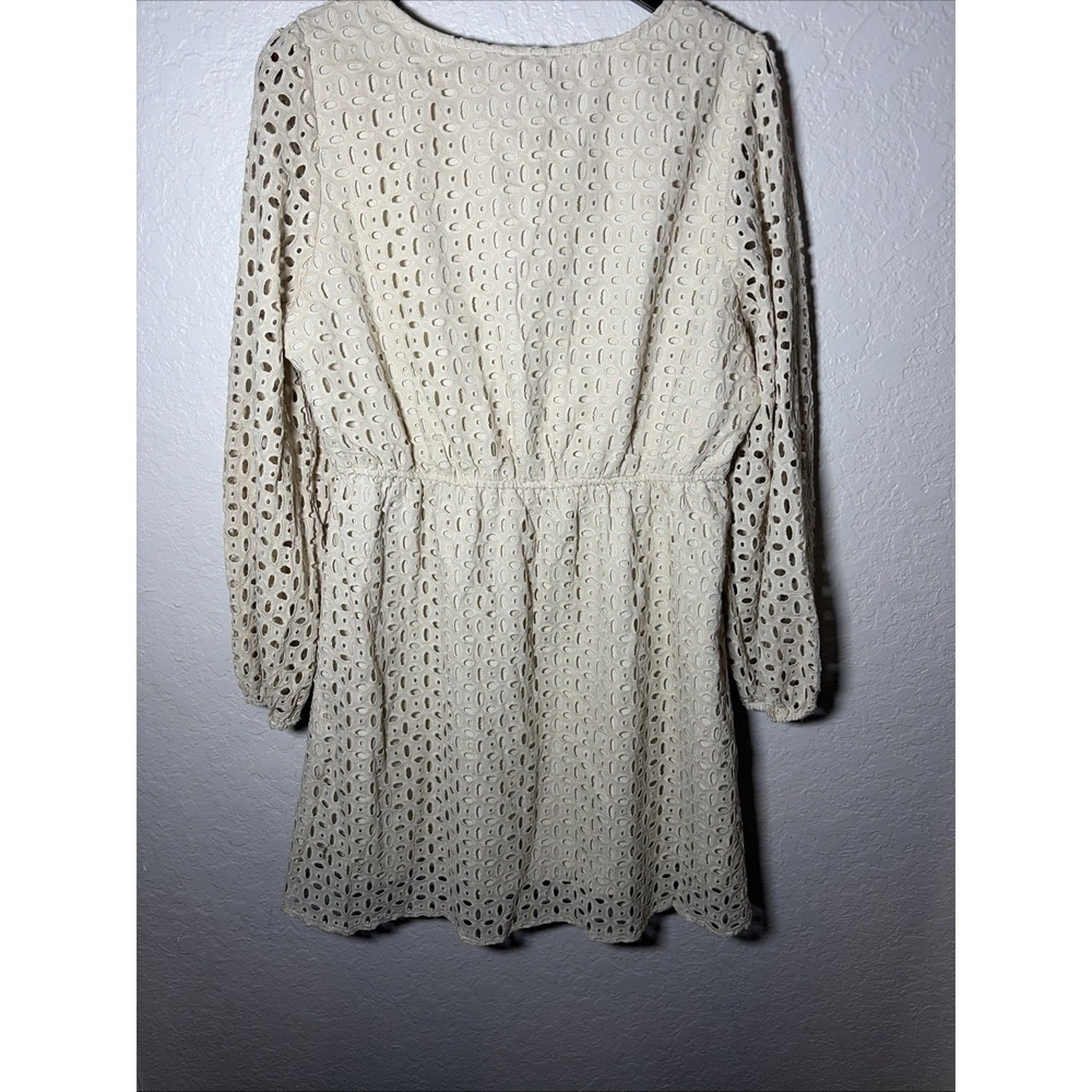 NWT Beige Zesica Long Sleeve Mini Babydoll Dress Tie Front‎ Eyelet, Large - Picture 6 of 9